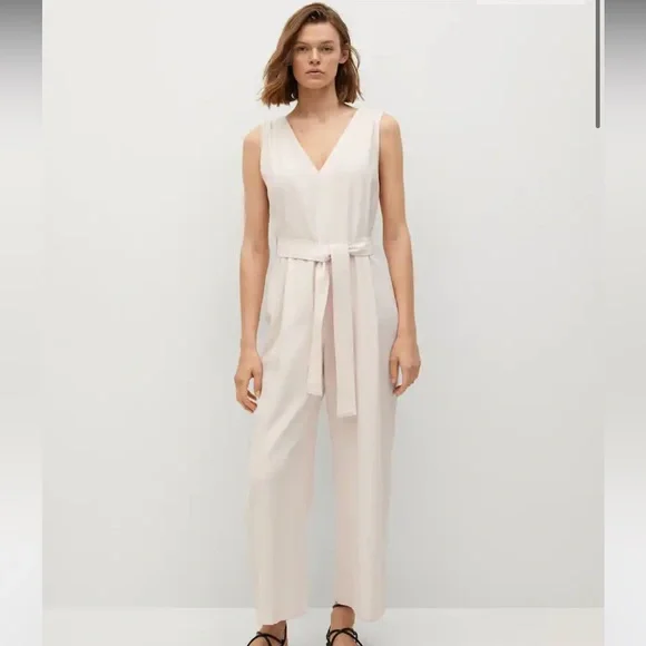 MANGO - Belt Linen Jumpsuit Ecru - XL